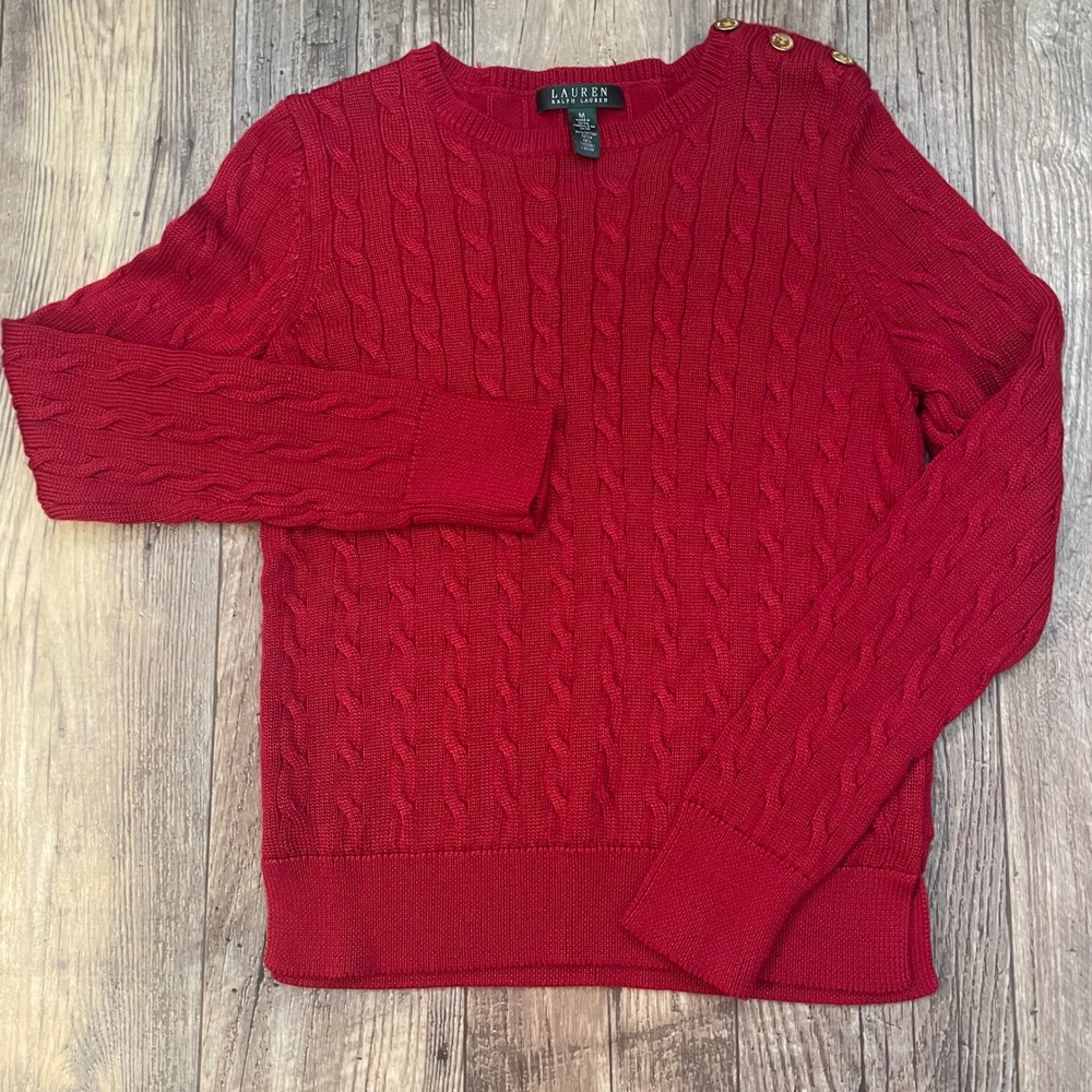 Lauren Ralph Lauren Red Cable Knit Crew Neck Sweater Gold Button Detail Size M